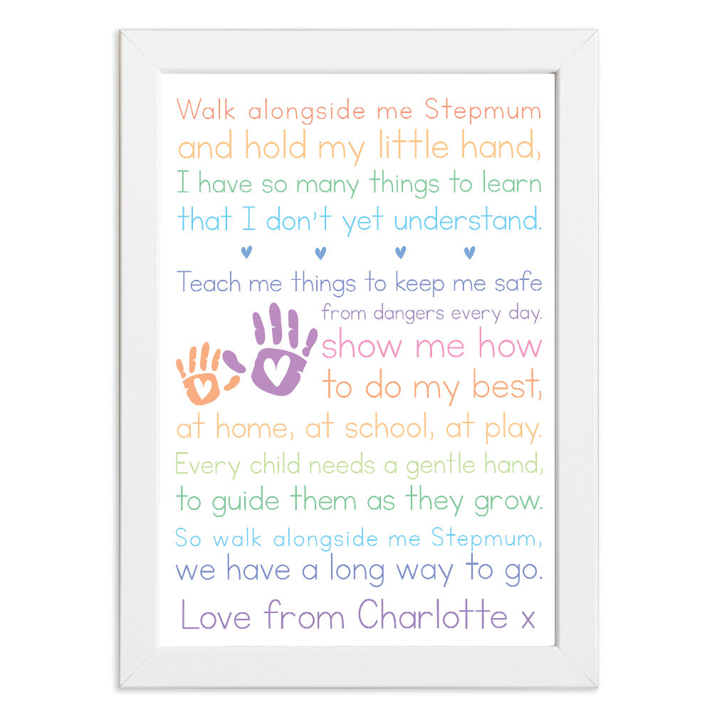 Personalised Walk Alongside Me Poem for Stepmum in white frame with white background