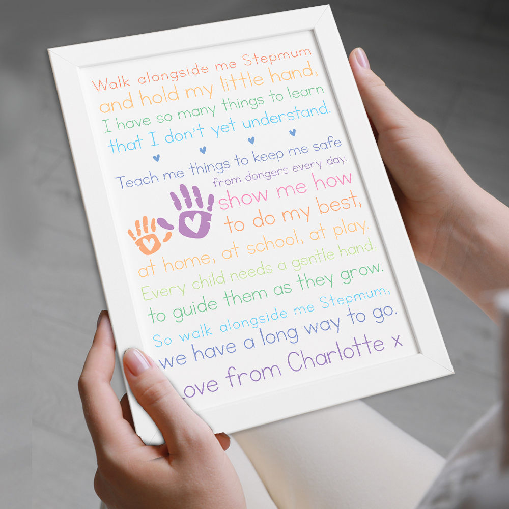 Personalised Walk Alongside Me Poem for Stepmum in white frame being held