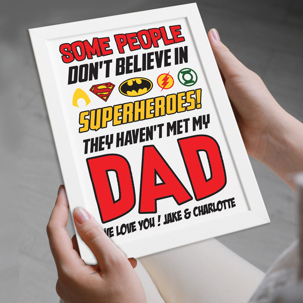 Personalised You&#39;re My Superhero Gift for Dad in white frame being held