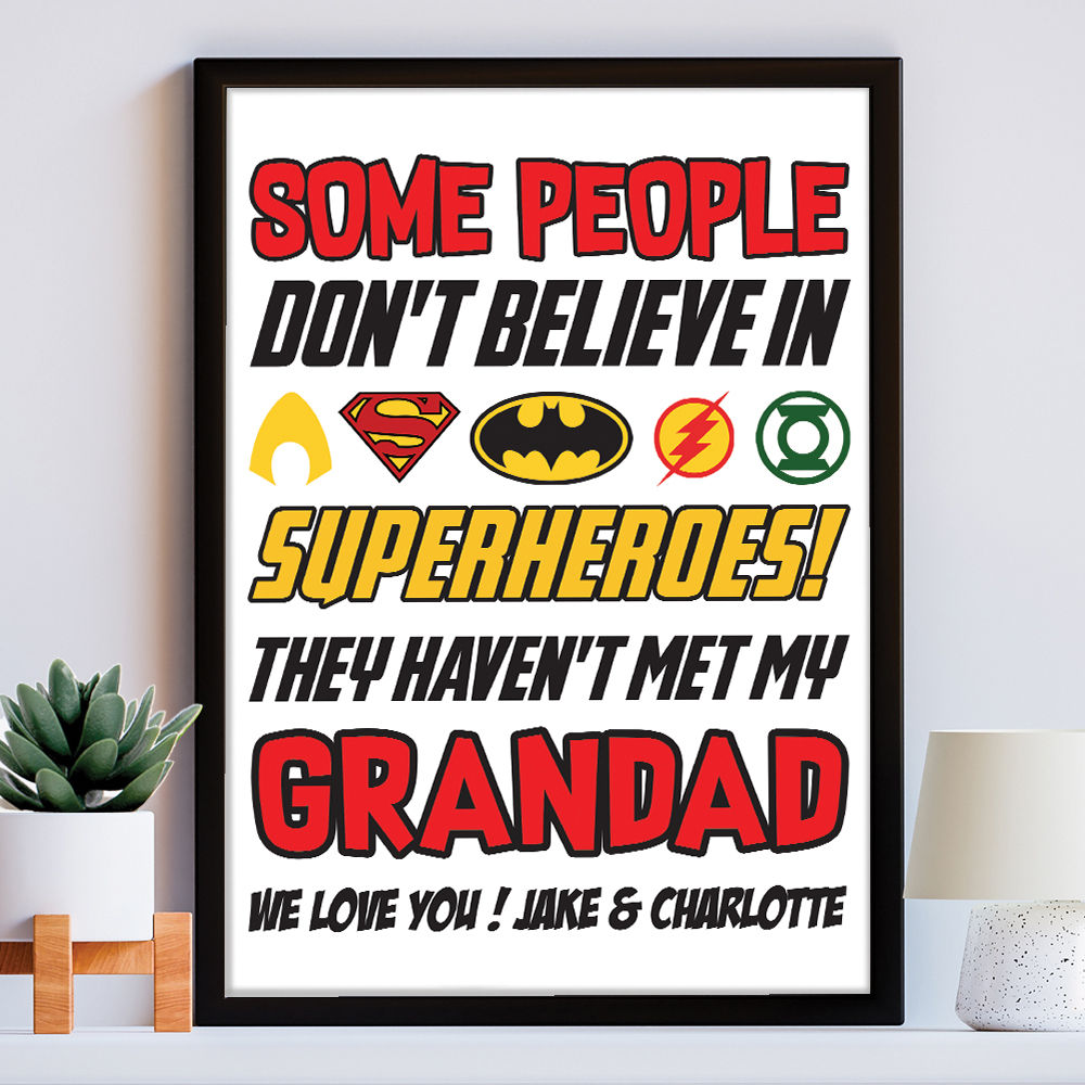 Personalised You&#39;re My Superhero Gift for Grandad in white frame within the home