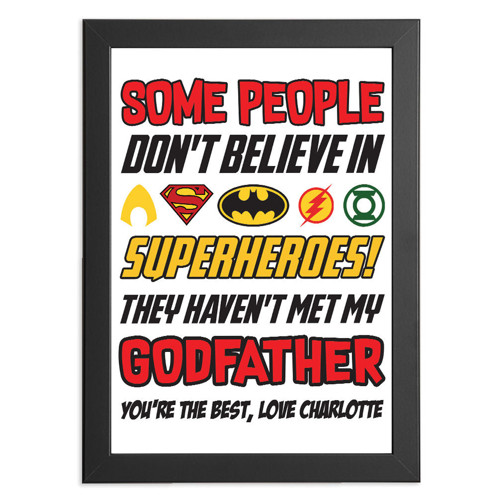 Personalised You&#39;re My Superhero Gift for Godfather in black frame with white background