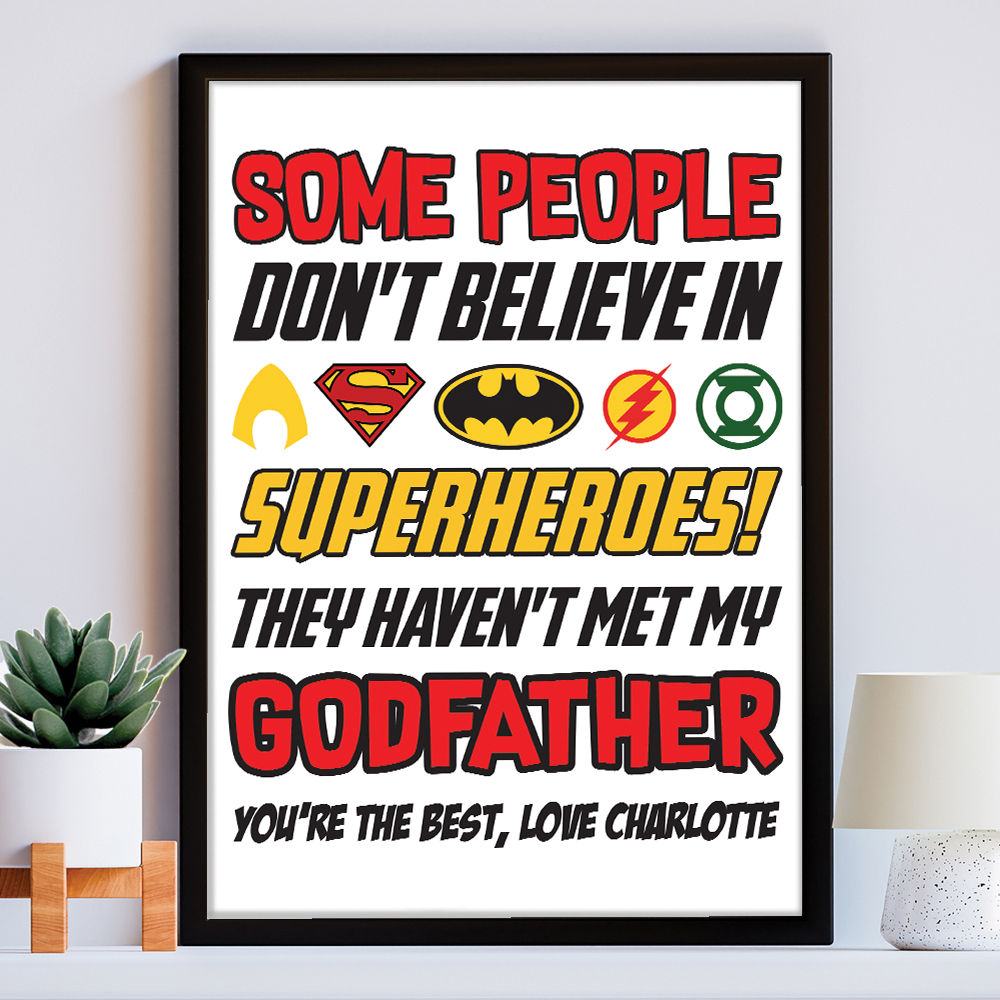 Personalised You&#39;re My Superhero Gift for Godfather in white frame within the home