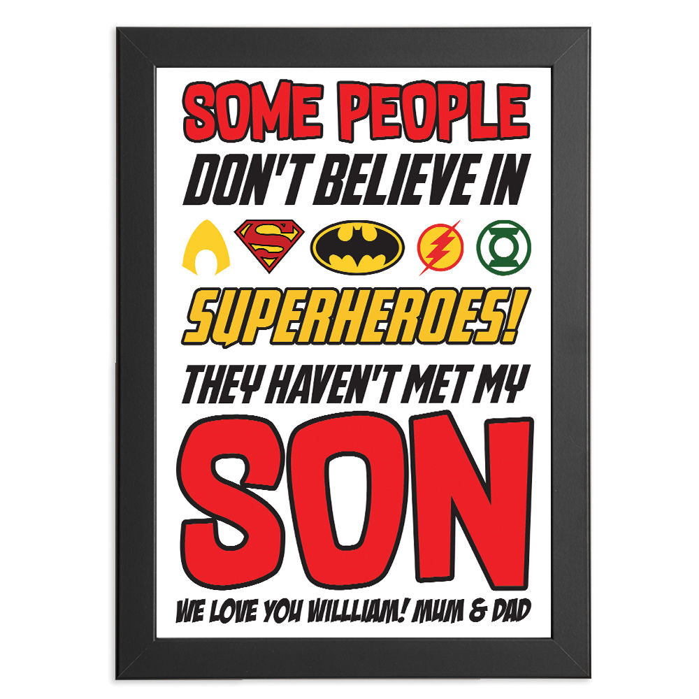 Personalised You&#39;re My Superhero Gift for Son in black frame with white background