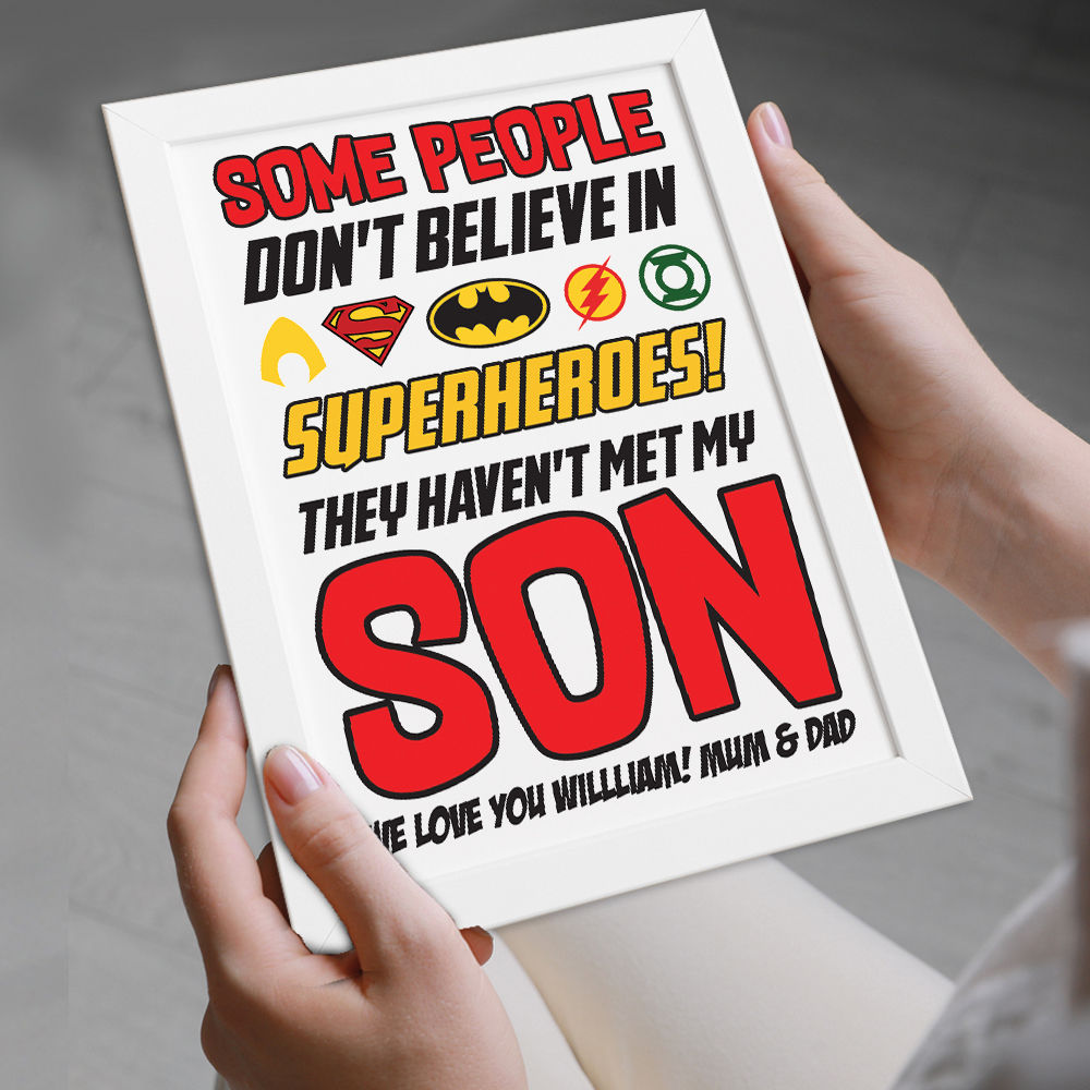 Personalised You&#39;re My Superhero Gift for Son in white frame being held