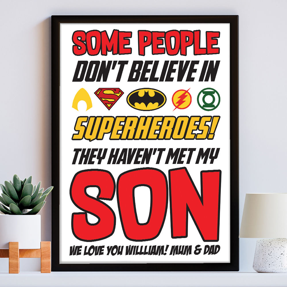 Personalised You&#39;re My Superhero Gift for Son in white frame within the home