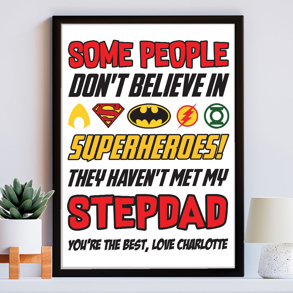 Personalised You&#39;re My Superhero Gift for Stepdad in white frame within the home