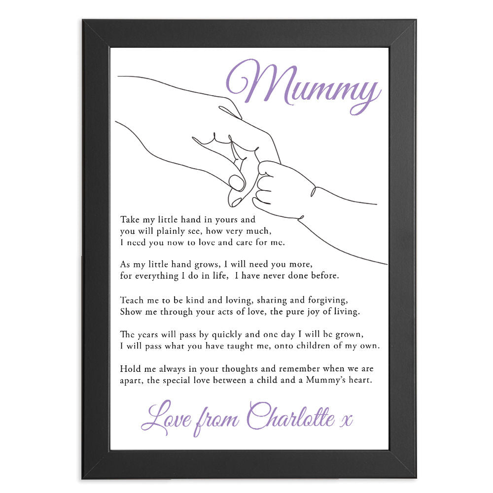 Personalised Take My Little Hand Poem for Mum in black frame with white background