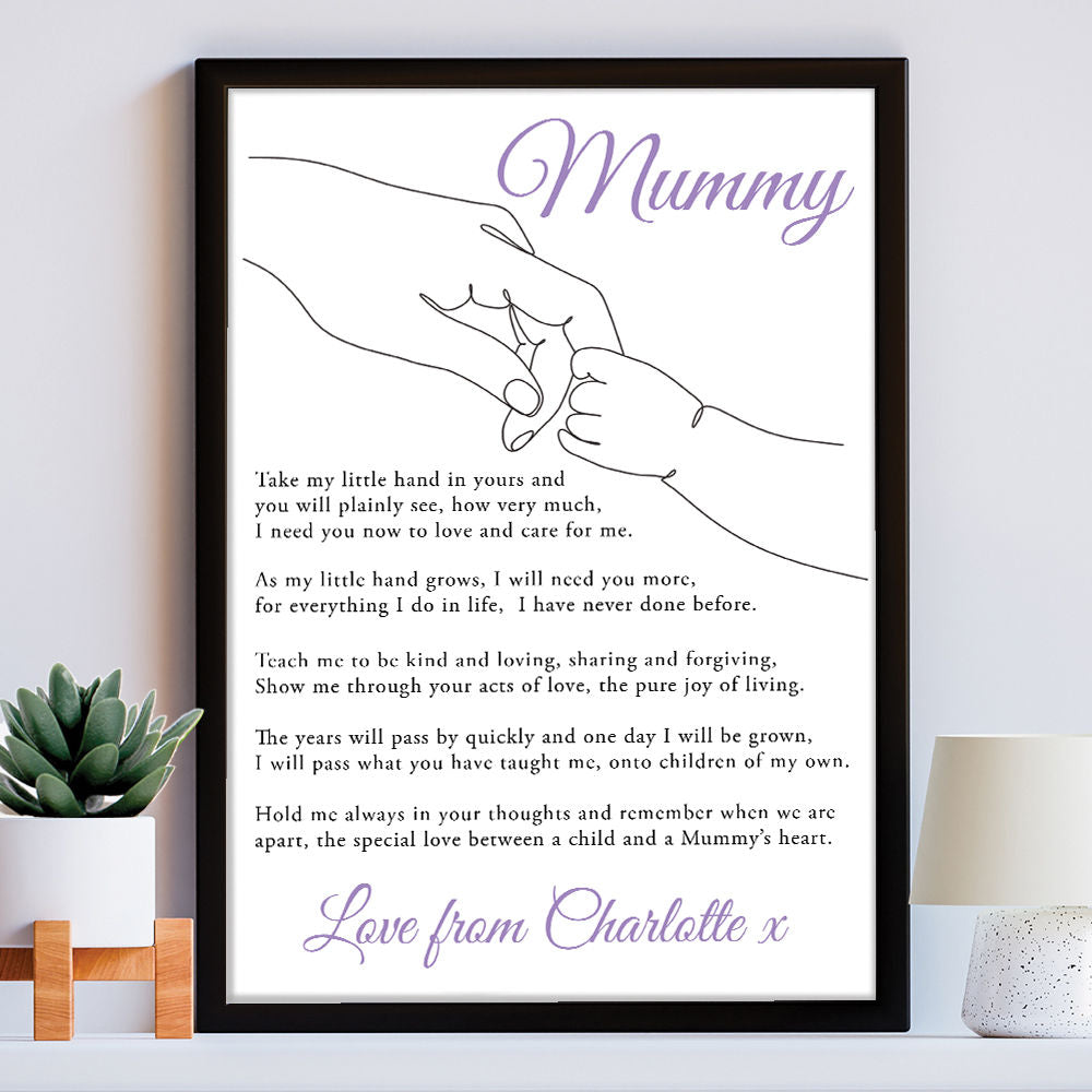 Personalised Take My Little Hand Poem for Mum in white frame within the home