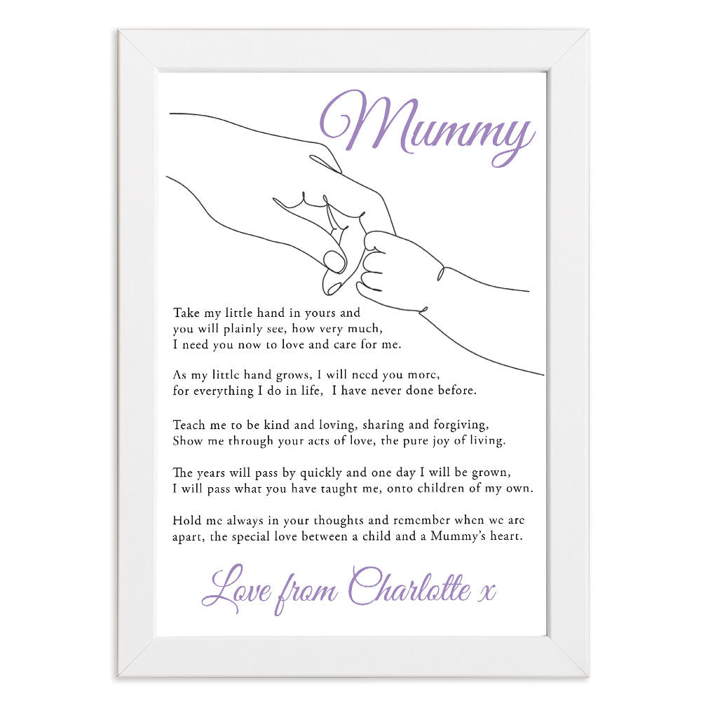 Personalised Take My Little Hand Poem for Mum in white frame with white background