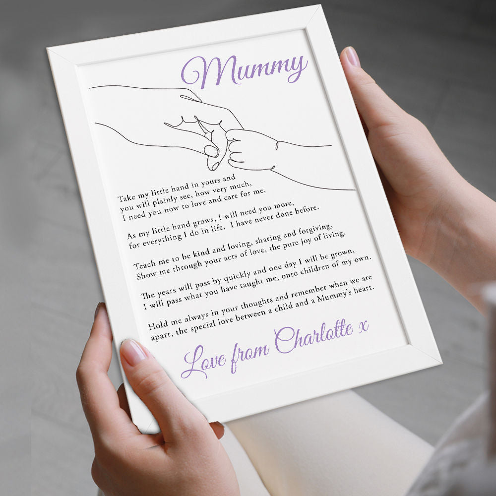 Personalised Take My Little Hand Poem for Mum in white frame being held