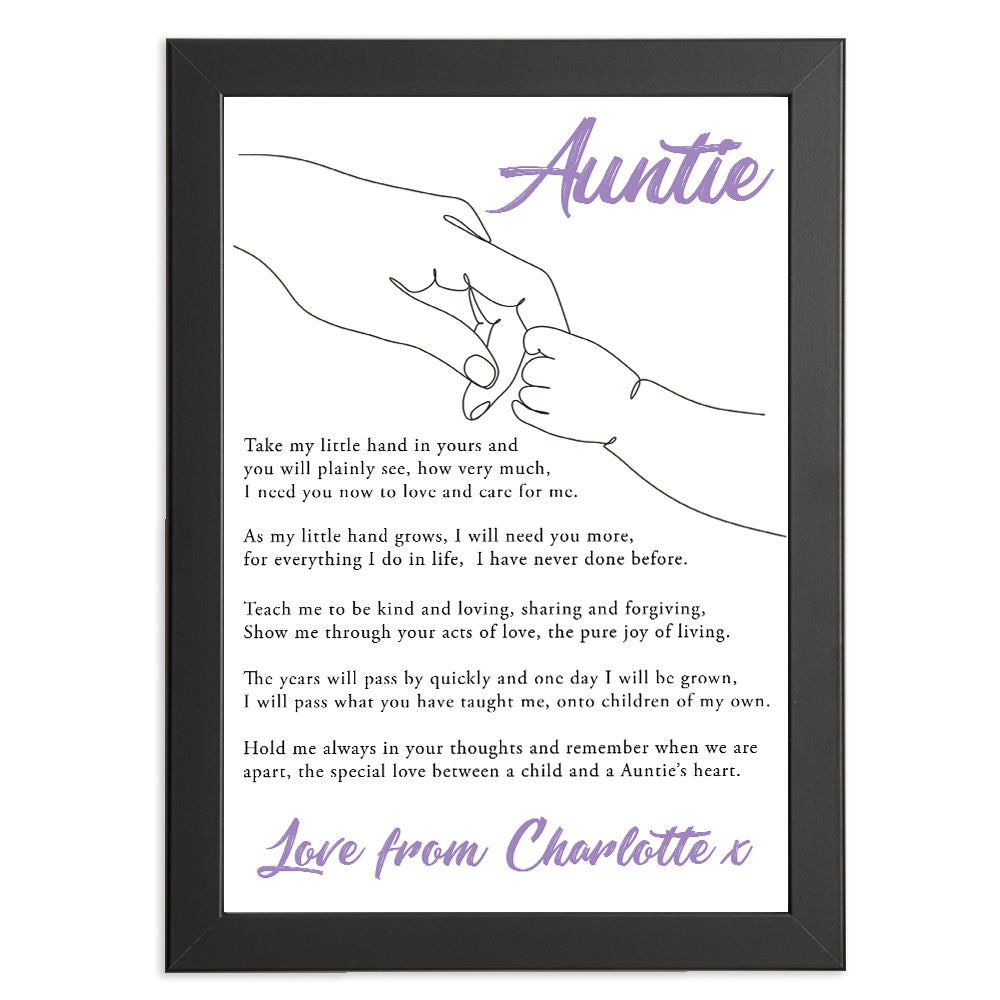 Personalised Take My Little Hand Poem for Auntie in black frame with white background