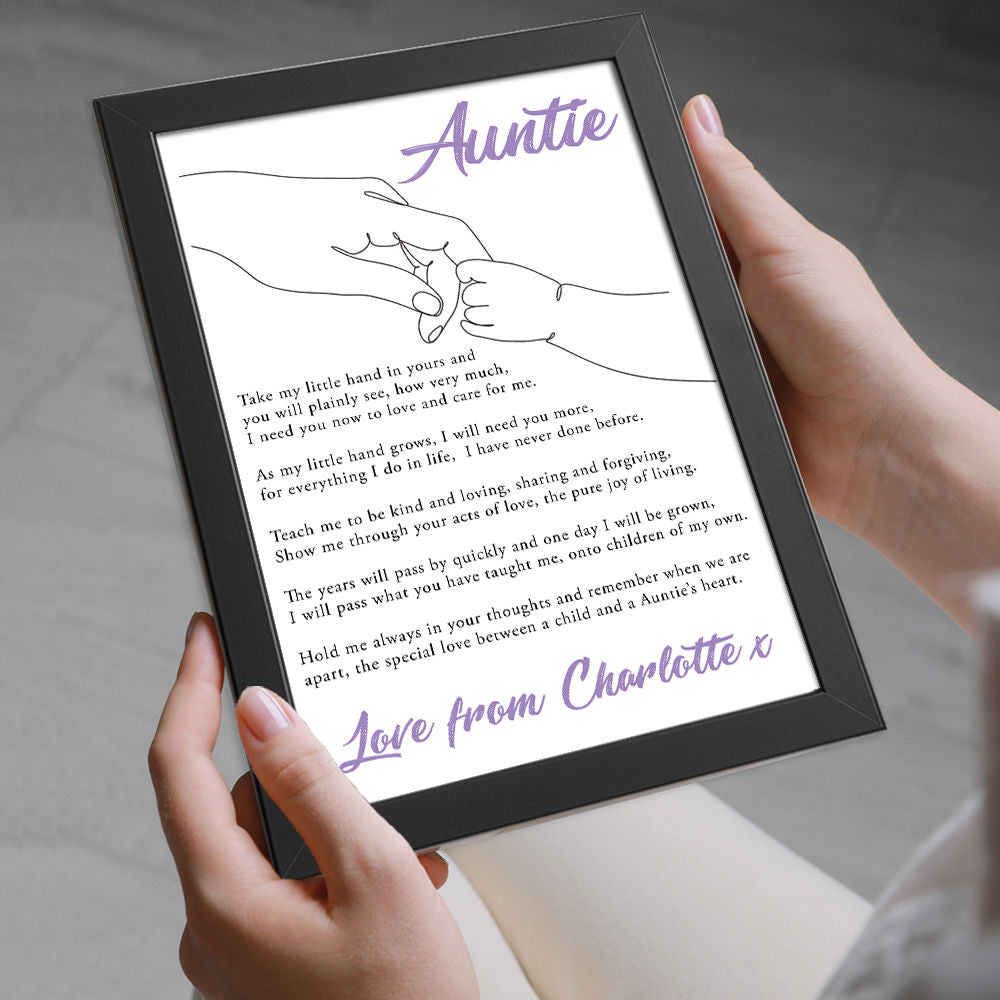 Personalised Take My Little Hand Poem for Auntie in black frame with white background