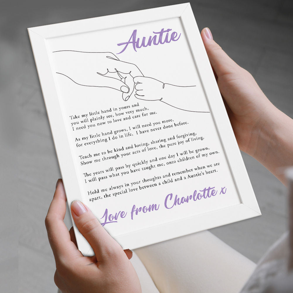 Personalised Take My Little Hand Poem for Auntie in white frame being held