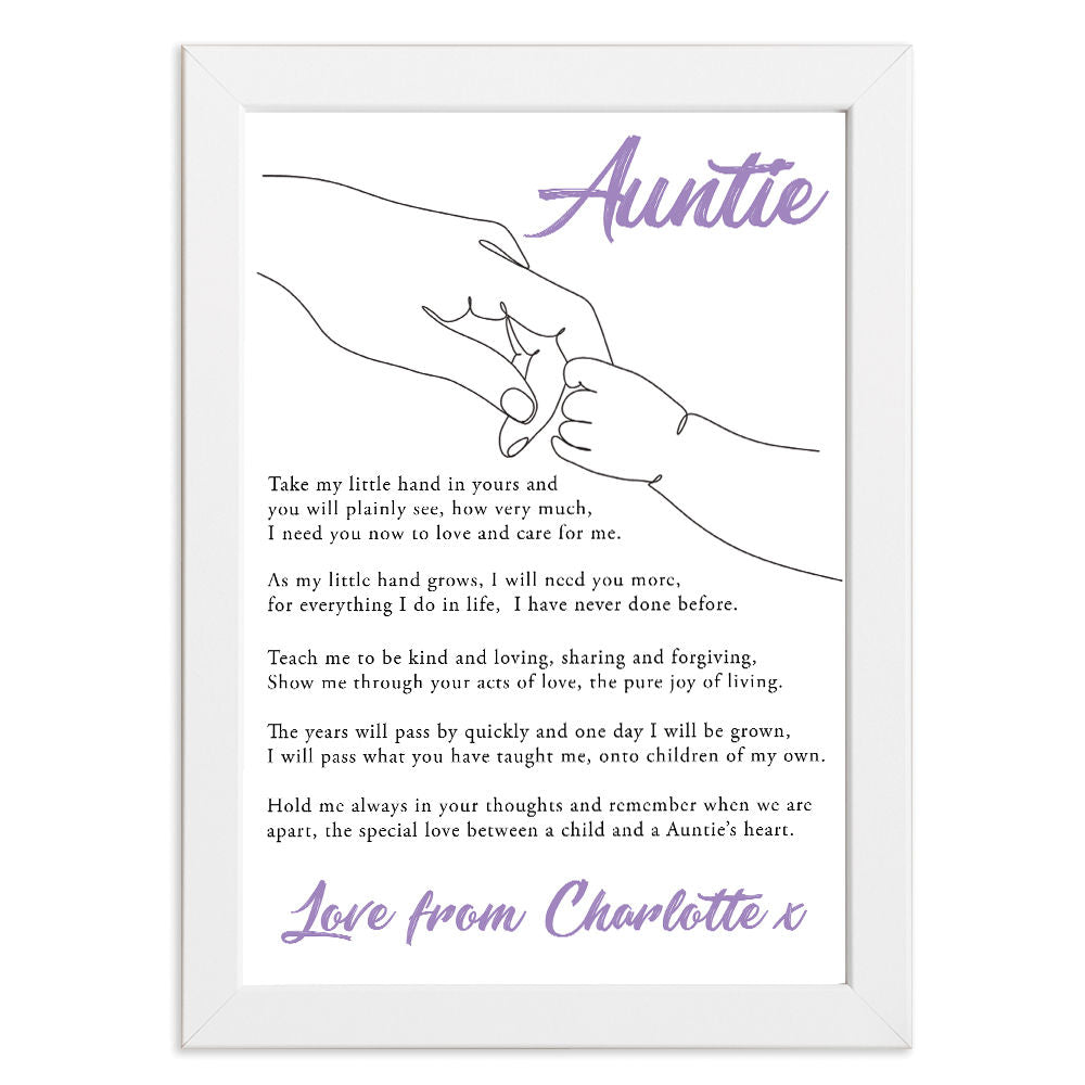 Personalised Take My Little Hand Poem for Auntie in white frame with white background