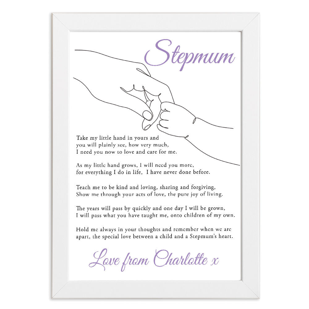 Personalised Take My Little Hand Poem for Stepmum in white frame with white background