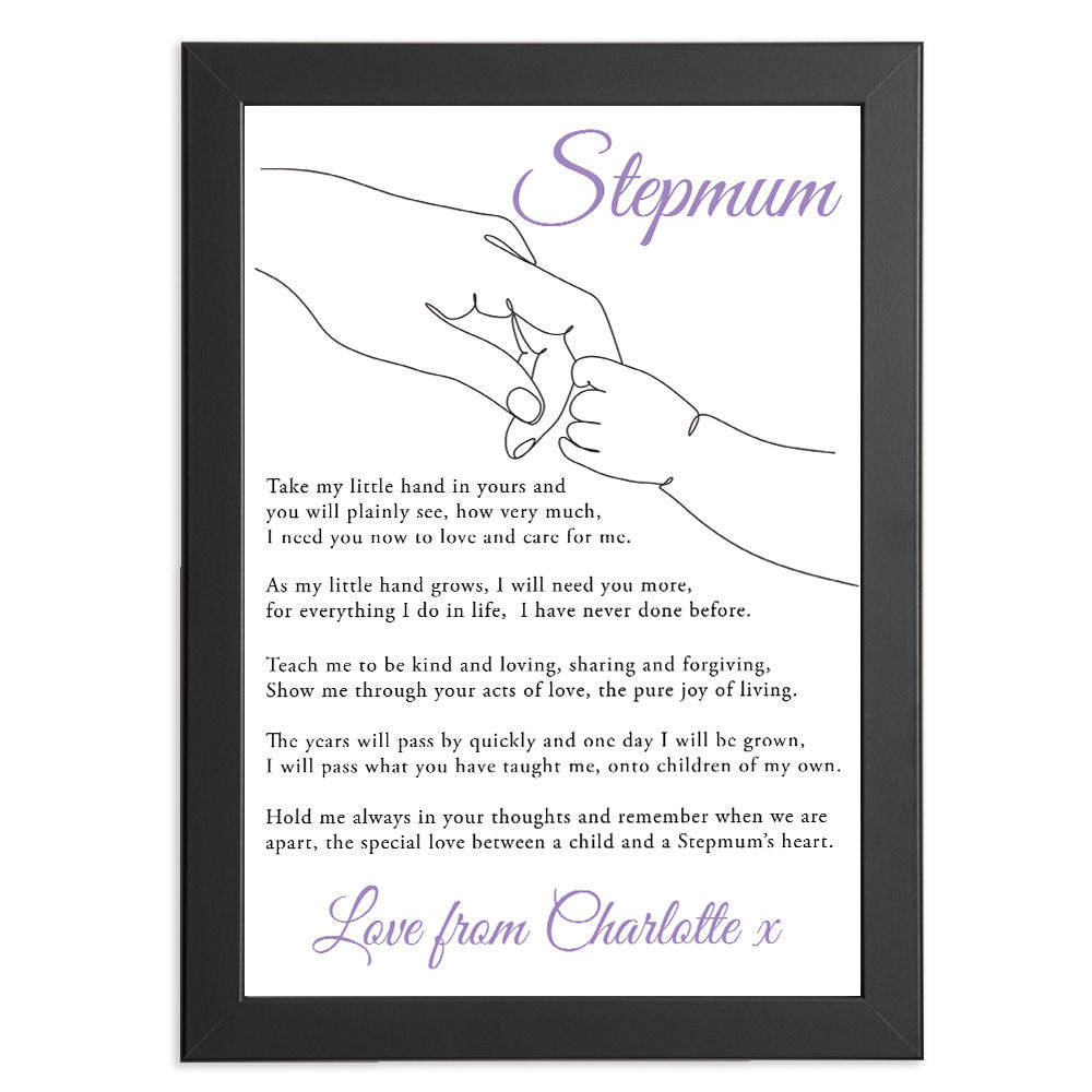 Personalised Take My Little Hand Poem for Stepmum in black frame with white background