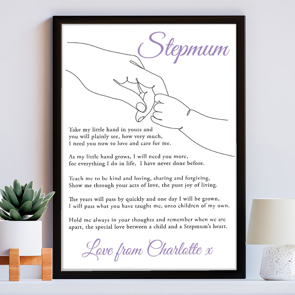 Personalised Take My Little Hand Poem for Stepmum in white frame within the home