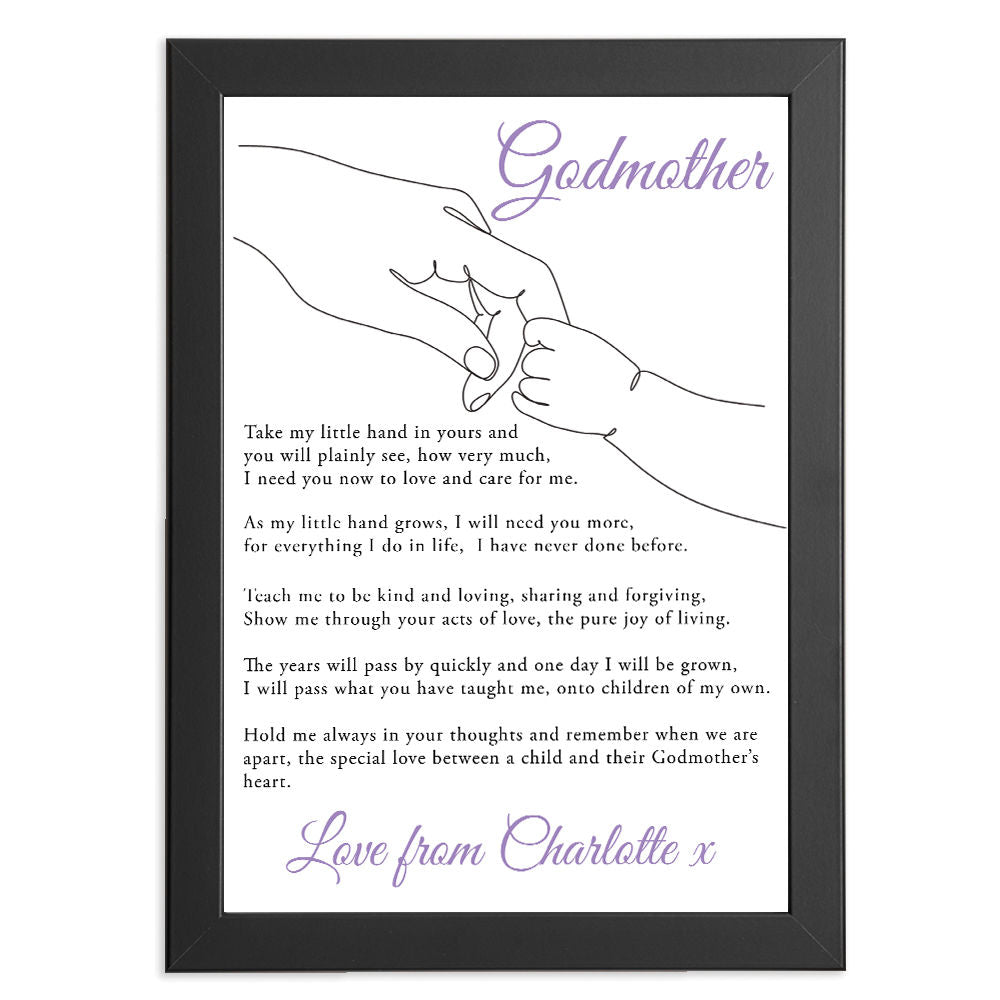 Personalised Take My Little Hand Poem for Godmother in black frame with white background