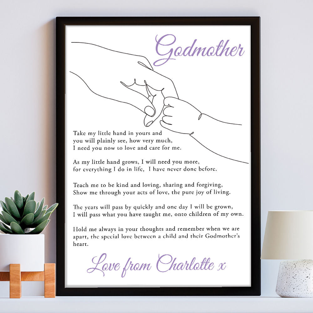 Personalised Take My Little Hand Poem for Godmother in white frame within the home