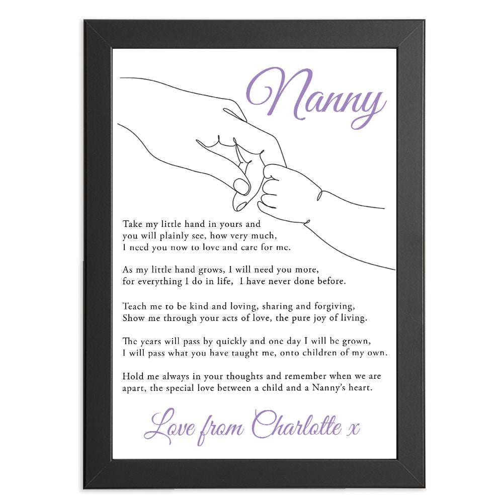 Personalised Take My Little Hand Poem for Nanny in black frame with white background