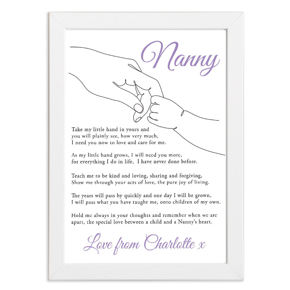 Personalised Take My Little Hand Poem for Nanny in white frame with white background