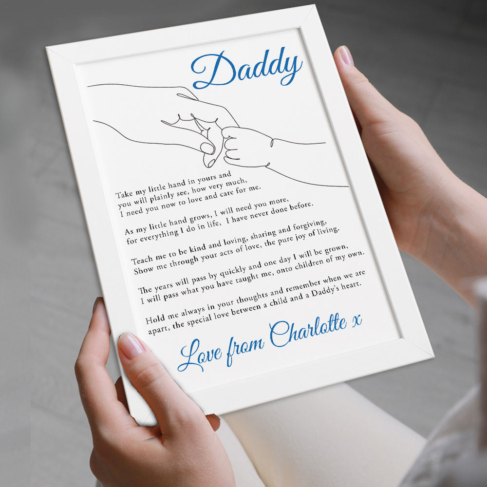 Personalised Take My Little Hand Poem for Dad in white frame being held