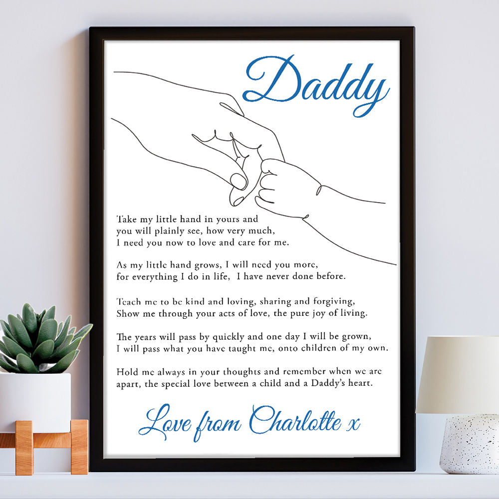 Personalised Take My Little Hand Poem for Dad in white frame within the home