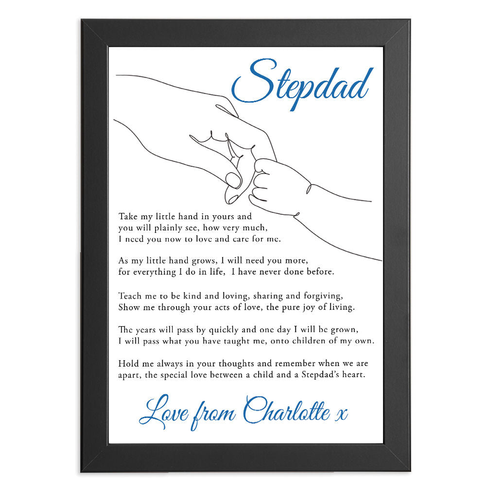 Personalised Take My Little Hand Poem for Stepdad in black frame with white background