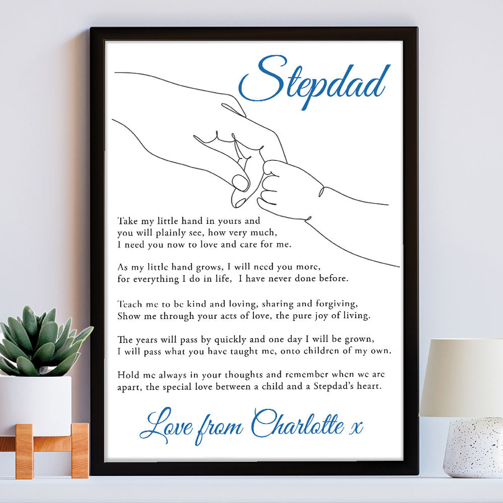 Personalised Take My Little Hand Poem for Stepdad in white frame within the home