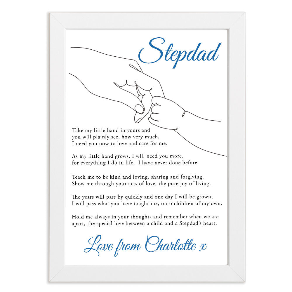 Personalised Take My Little Hand Poem for Stepdad in white frame with white background