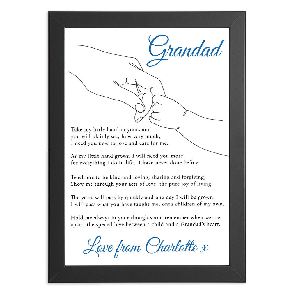 Personalised Take My Little Hand Poem for Grandad in black frame with white background