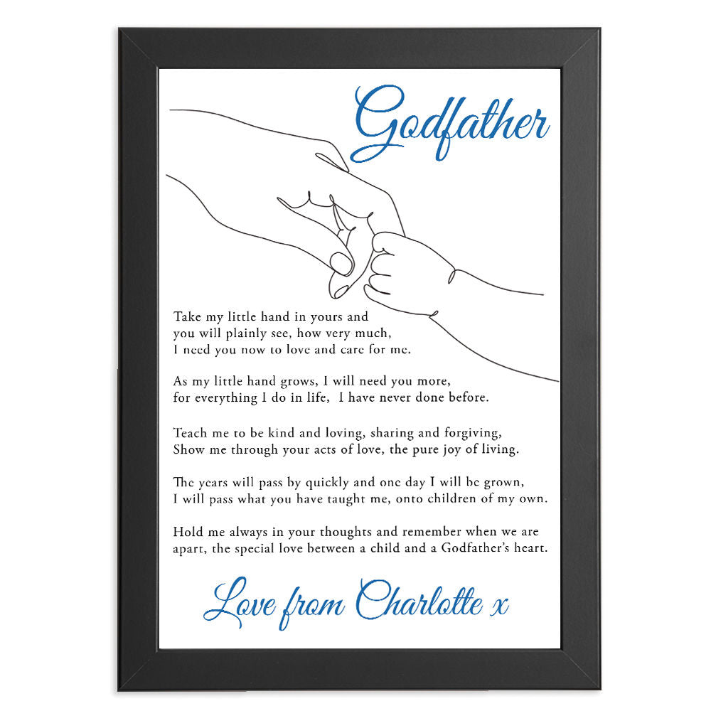 Personalised Take My Little Hand Poem for Godfather in black frame with white background