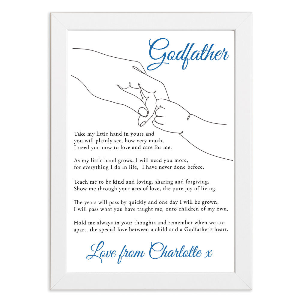 Personalised Take My Little Hand Poem for Godfather in white frame with white background