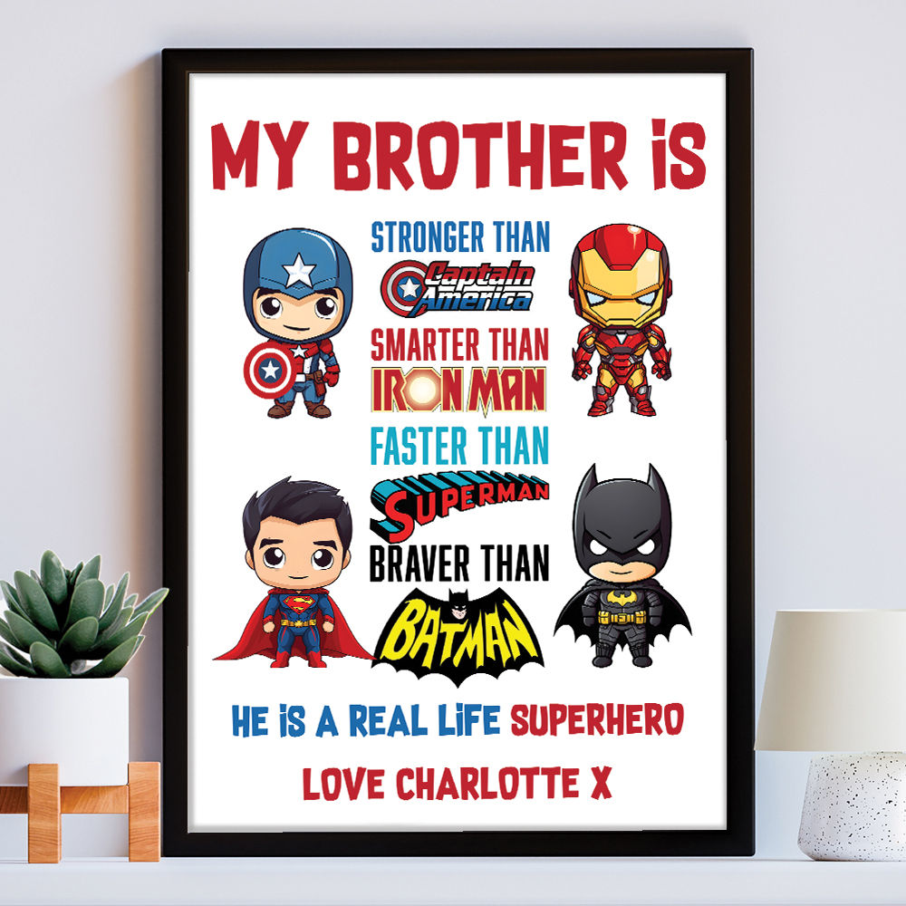 Personalised You&#39;re My Superhero Gift For Men for Brother in white frame within the home