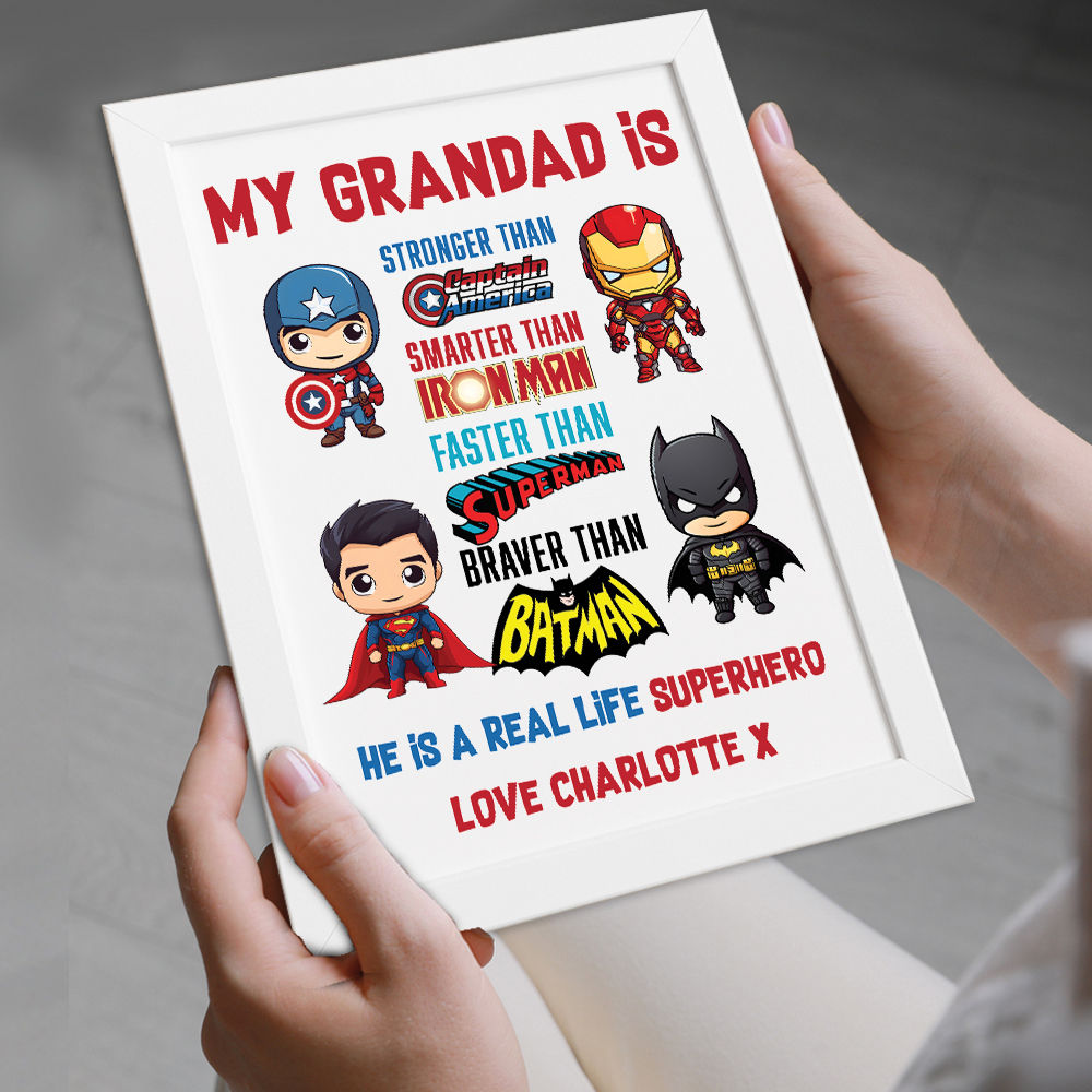 Personalised You&#39;re My Superhero Gift For Men for Grandad in white frame being held