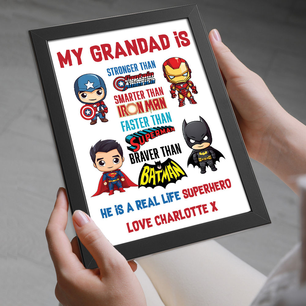 Personalised You're My Superhero Gift For Men for Grandad in black frame with white background