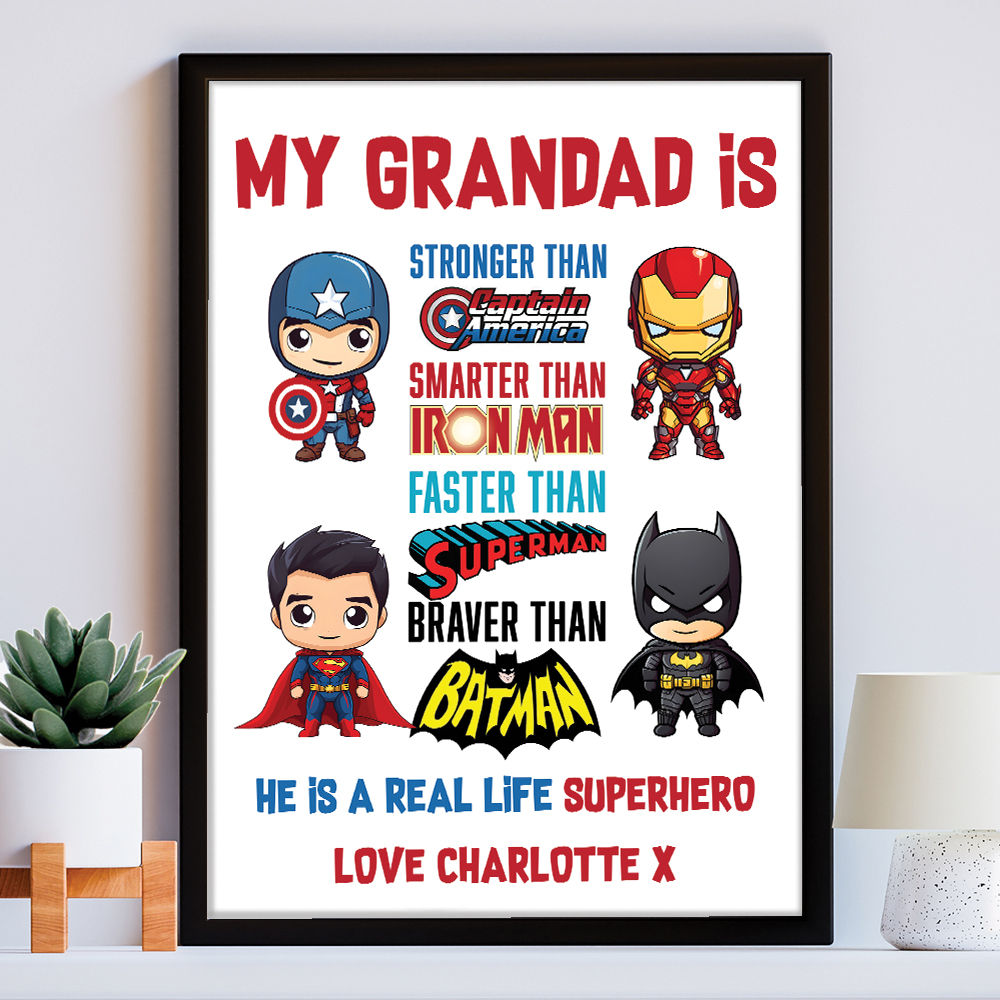 Personalised You&#39;re My Superhero Gift For Men for Grandad in white frame within the home