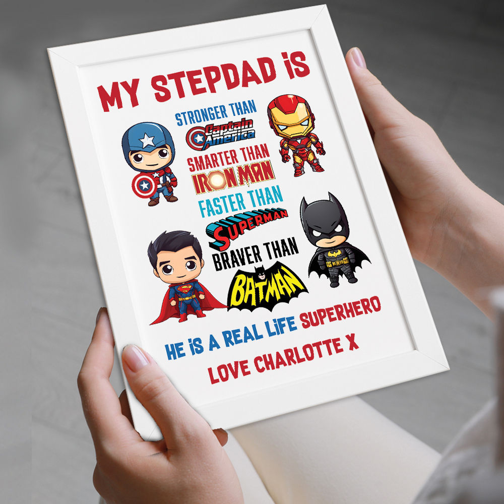 Personalised You&#39;re My Superhero Gift For Men for Stepdad in white frame being held