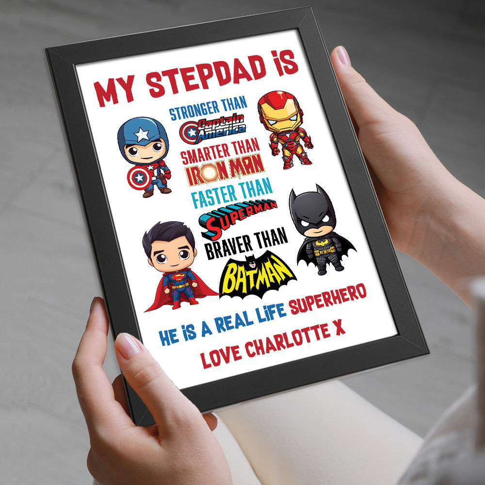 Personalised You're My Superhero Gift For Men for Stepdad in black frame with white background