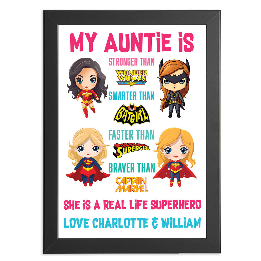 Personalised You&#39;re My Superhero Gift For Super Women for Auntie in black frame with white background