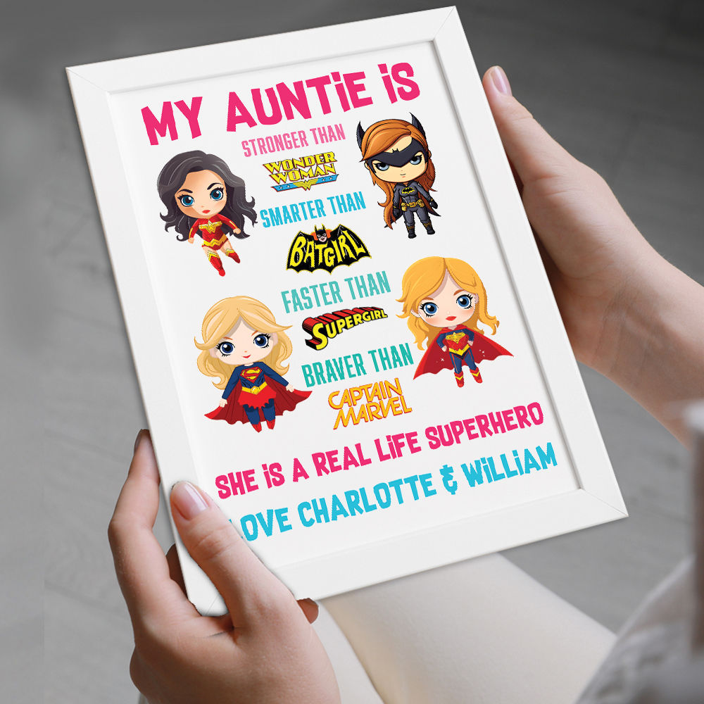 Personalised You&#39;re My Superhero Gift For Super Women for Auntie in white frame being held