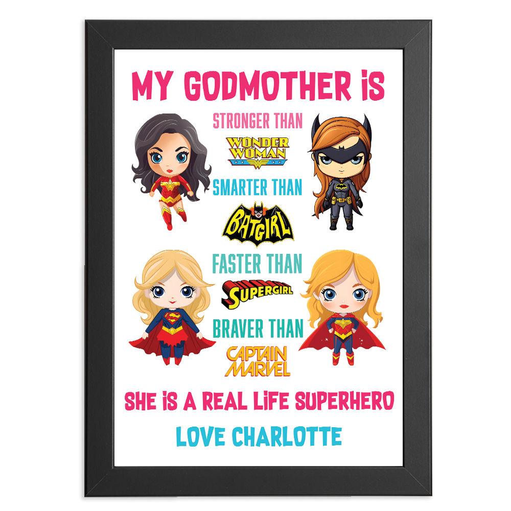 Personalised You&#39;re My Superhero Gift For Super Women for Godmother in black frame with white background