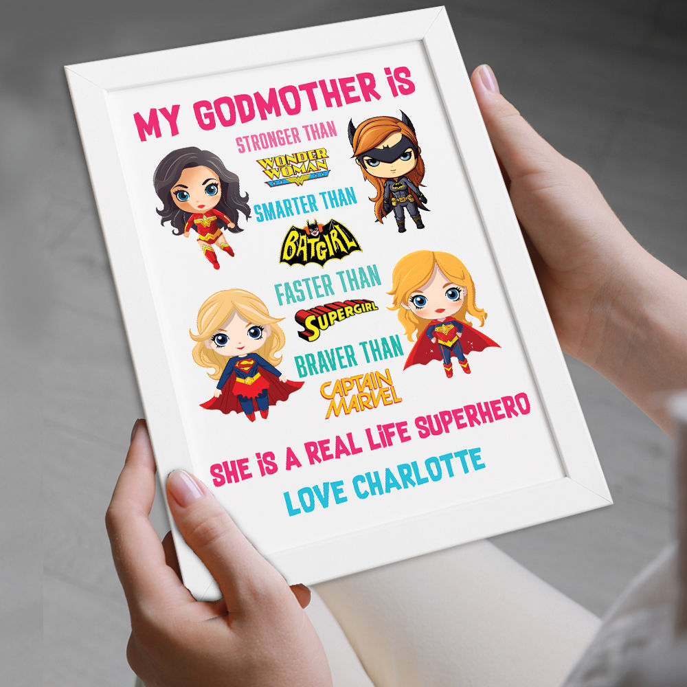 Personalised You&#39;re My Superhero Gift For Super Women for Godmother in white frame being held