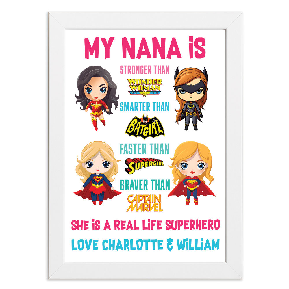 Personalised You&#39;re My Superhero Gift For Super Women for Nana in white frame with white background