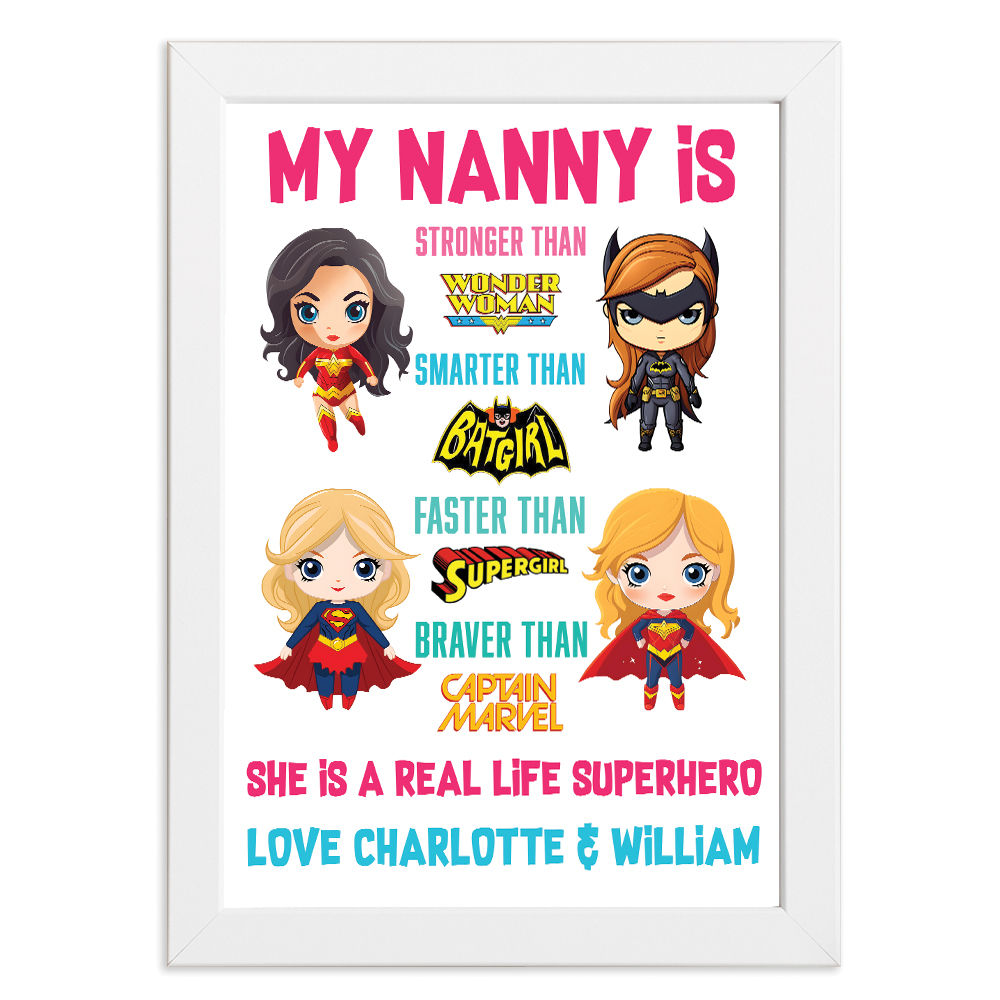 Personalised You&#39;re My Superhero Gift For Super Women for Nanny in white frame with white background