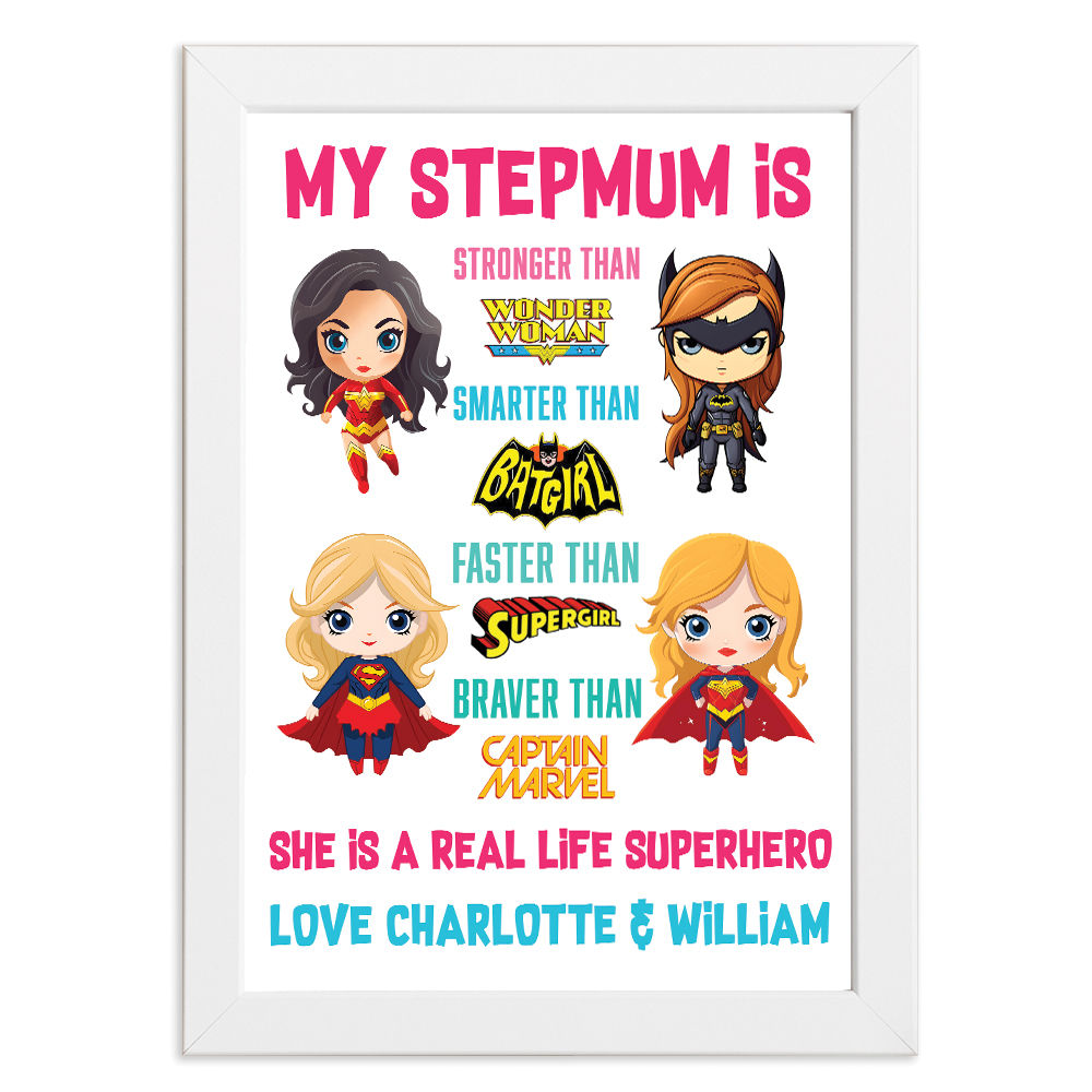 Personalised You&#39;re My Superhero Gift For Super Women for Stepmum in white frame with white background