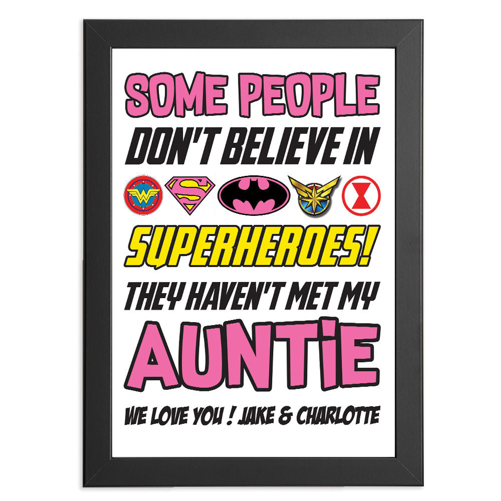 Personalised You&#39;re My Superhero Gift for Auntie in black frame with white background