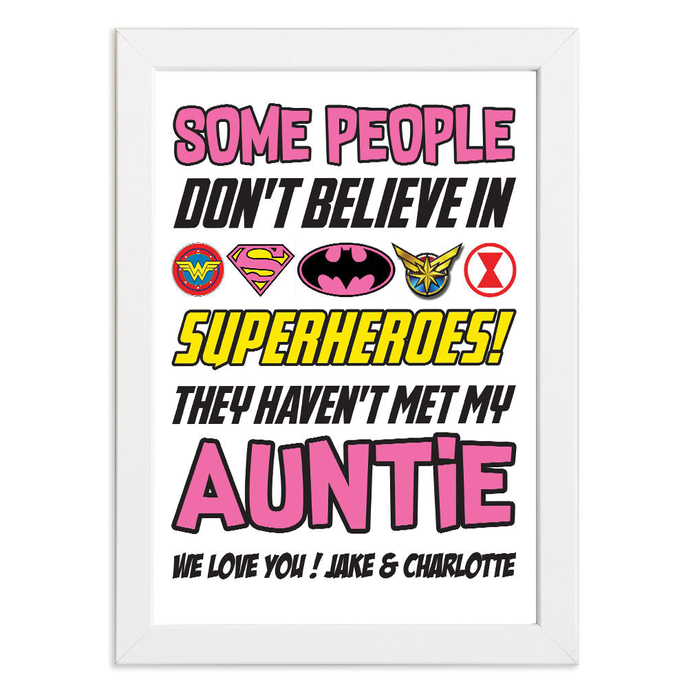 Personalised You&#39;re My Superhero Gift for Auntie in white frame with white background