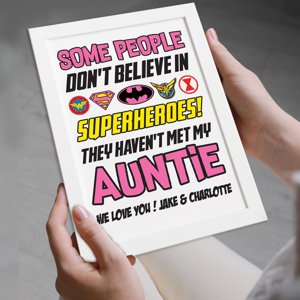 Personalised You&#39;re My Superhero Gift for Auntie in white frame being held