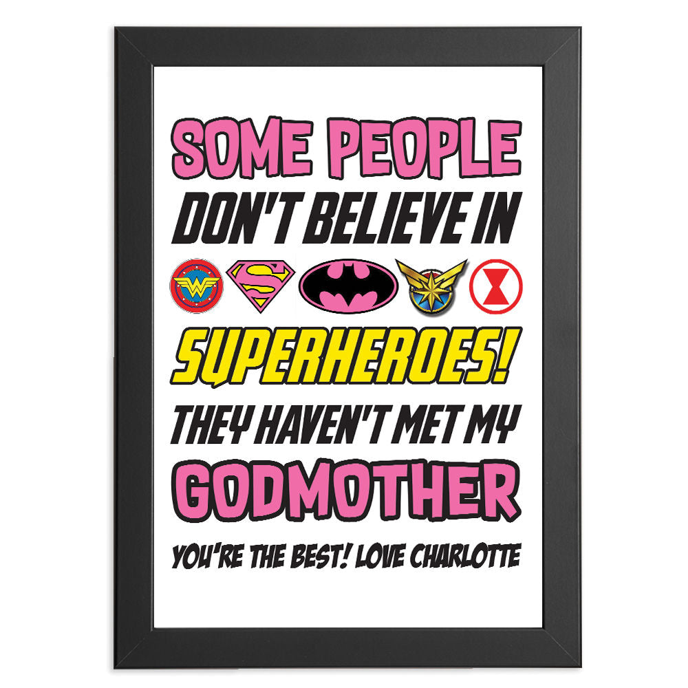 Personalised You&#39;re My Superhero Gift for Godmother in black frame with white background